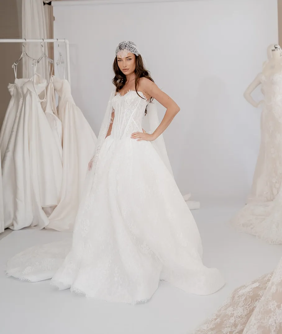 Adeline lace bridal gown with a structured corset and full skirt, thumbnail 2