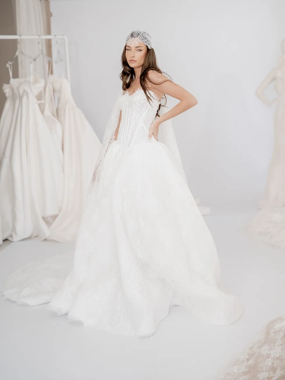Adeline lace bridal gown with a structured corset and full skirt, thumbnail 3