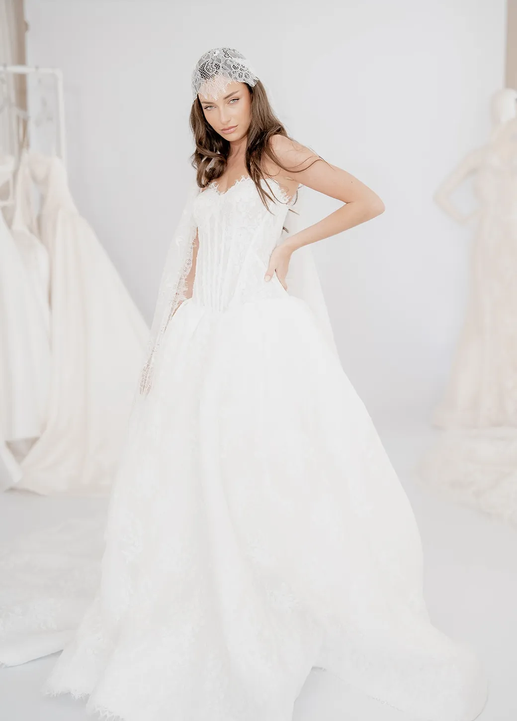 Adeline lace bridal gown with a structured corset and full skirt, thumbnail 4