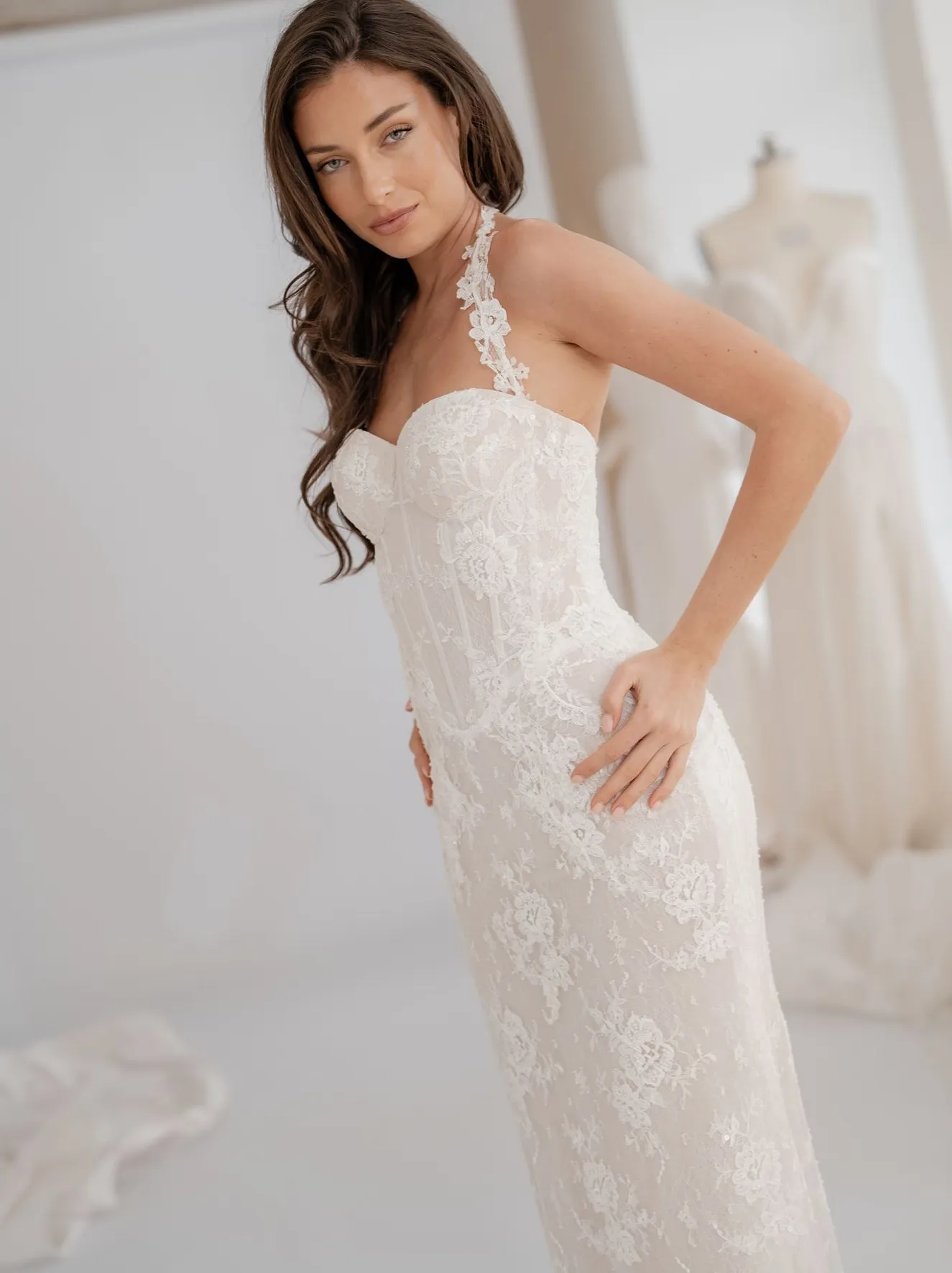 Eloise fitted lace gown with detachable halter straps and cape