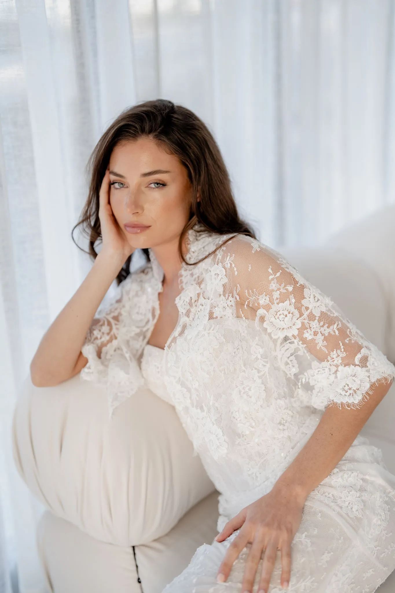 Eloise fitted lace wedding dress with detachable cape, thumbnail 4