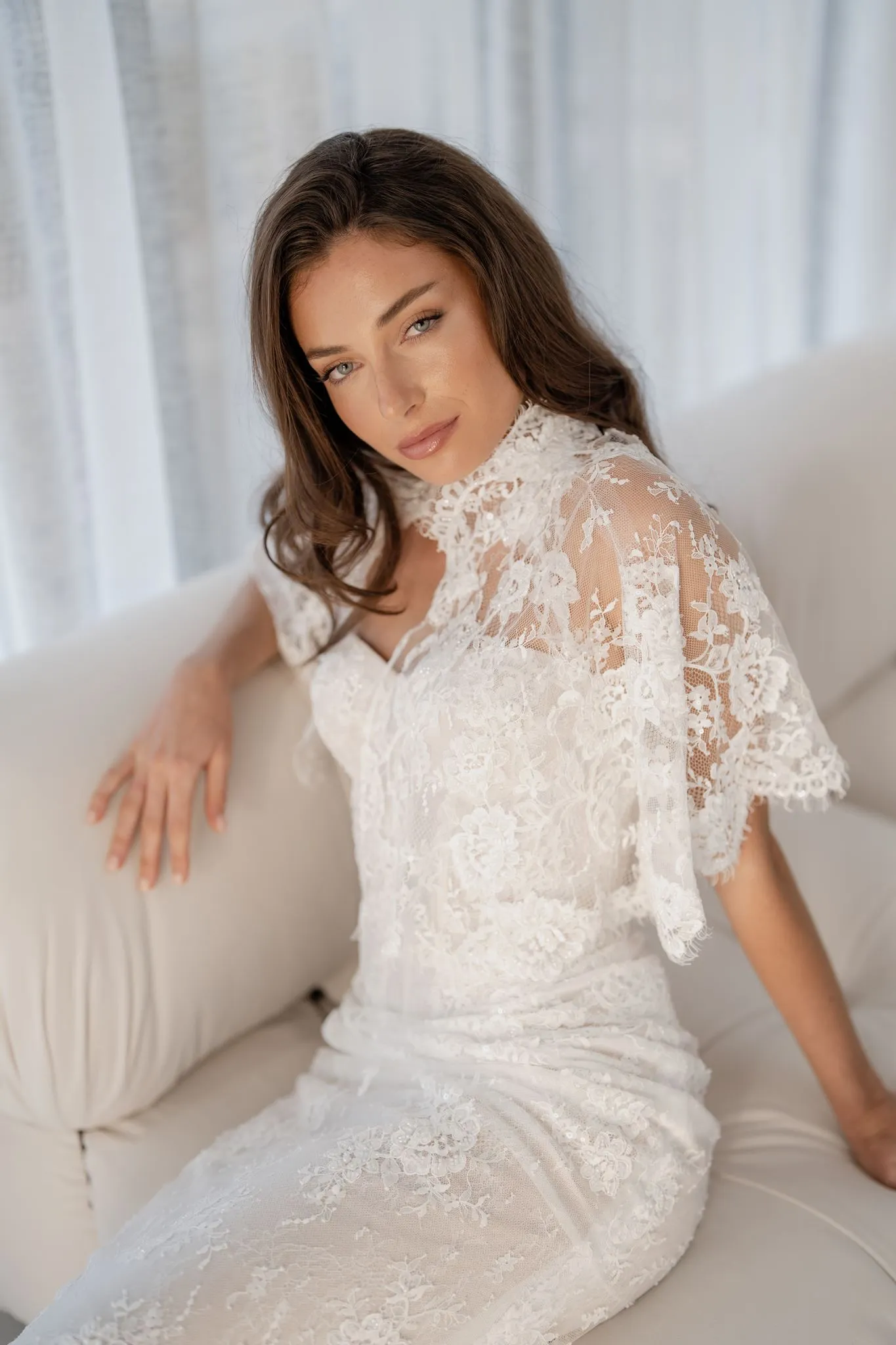 Eloise fitted lace wedding dress with detachable cape, thumbnail 6