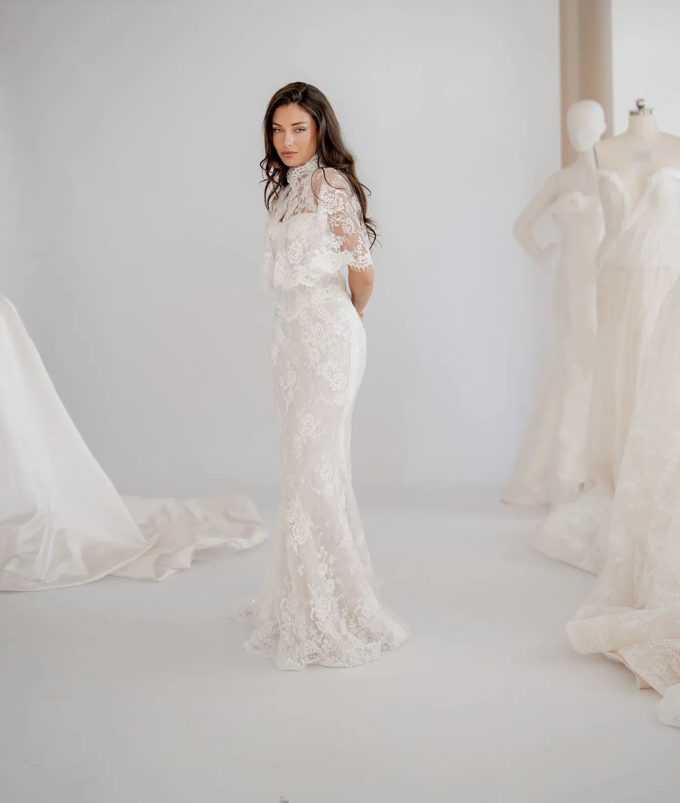 Eloise fitted lace wedding dress with detachable cape, thumbnail 7