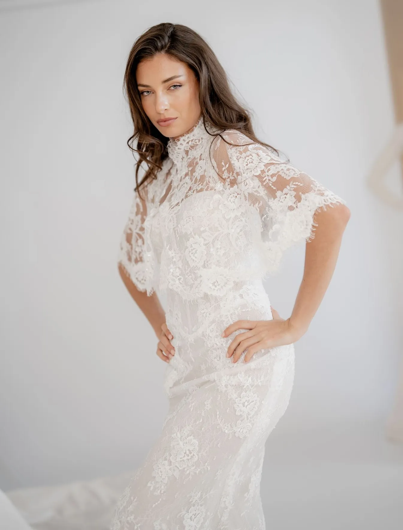 Eloise fitted lace wedding dress with detachable cape, thumbnail 8