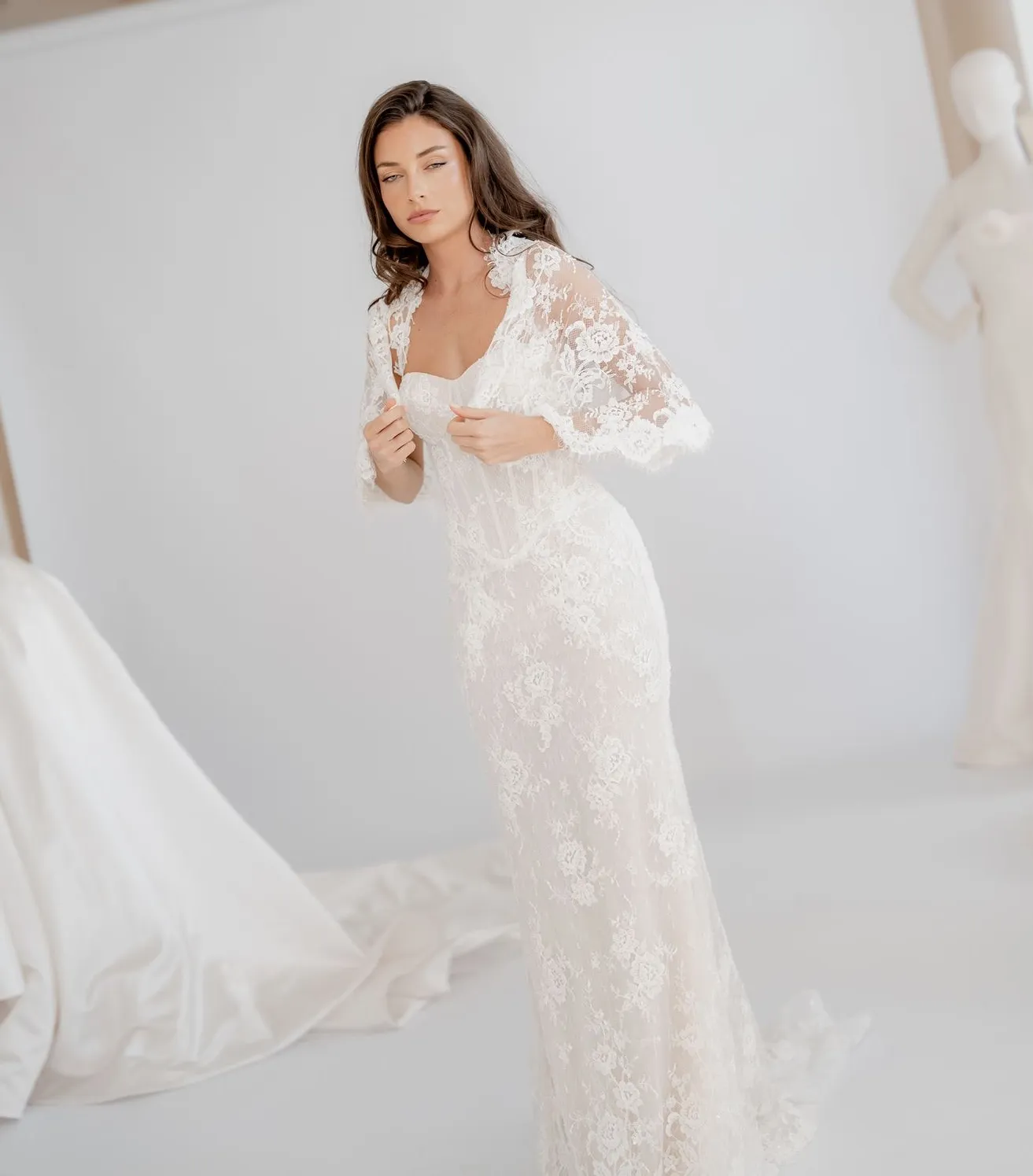 Eloise fitted lace wedding dress with detachable cape, thumbnail 10