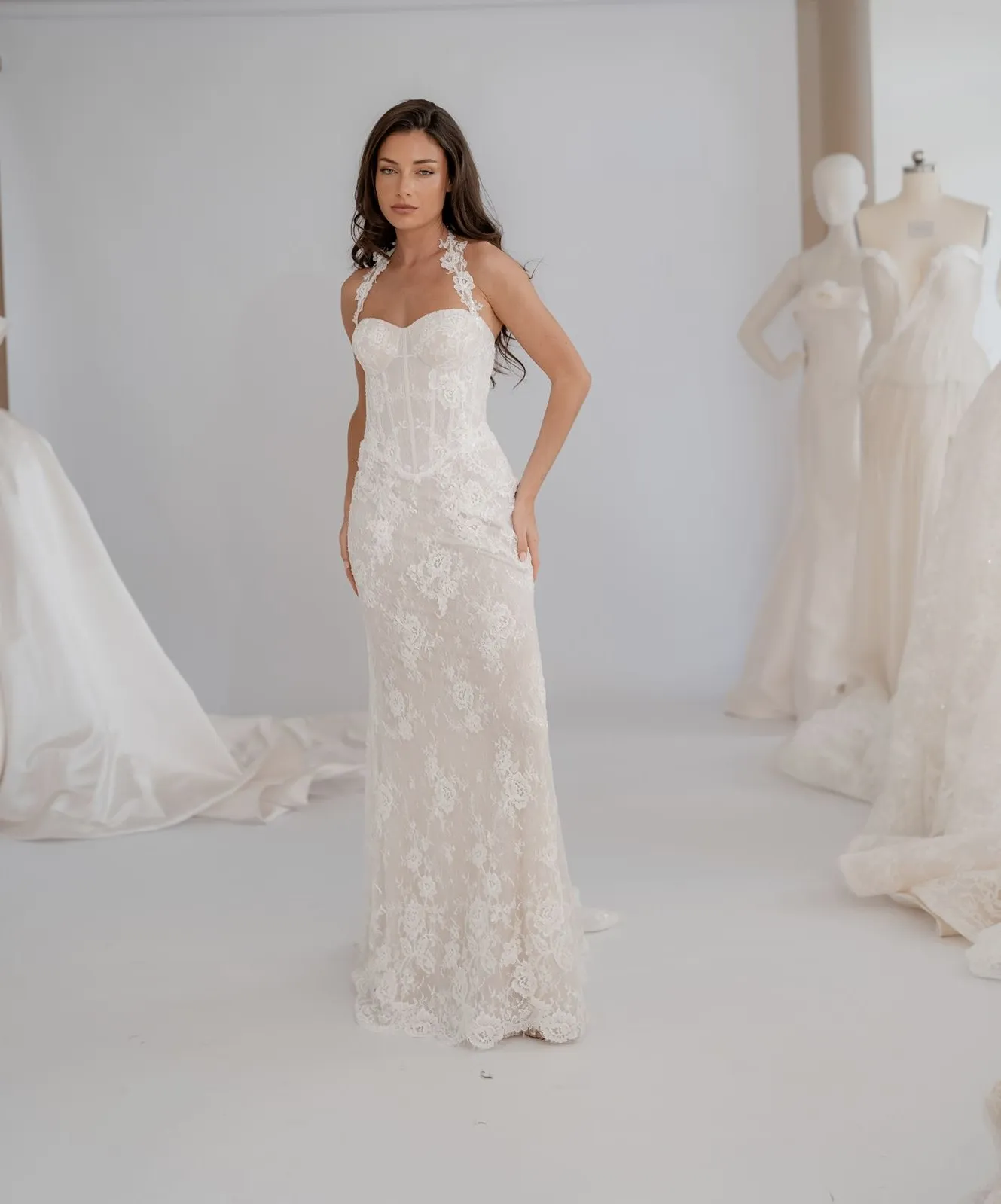 Eloise fitted lace wedding dress with detachable cape, thumbnail 12