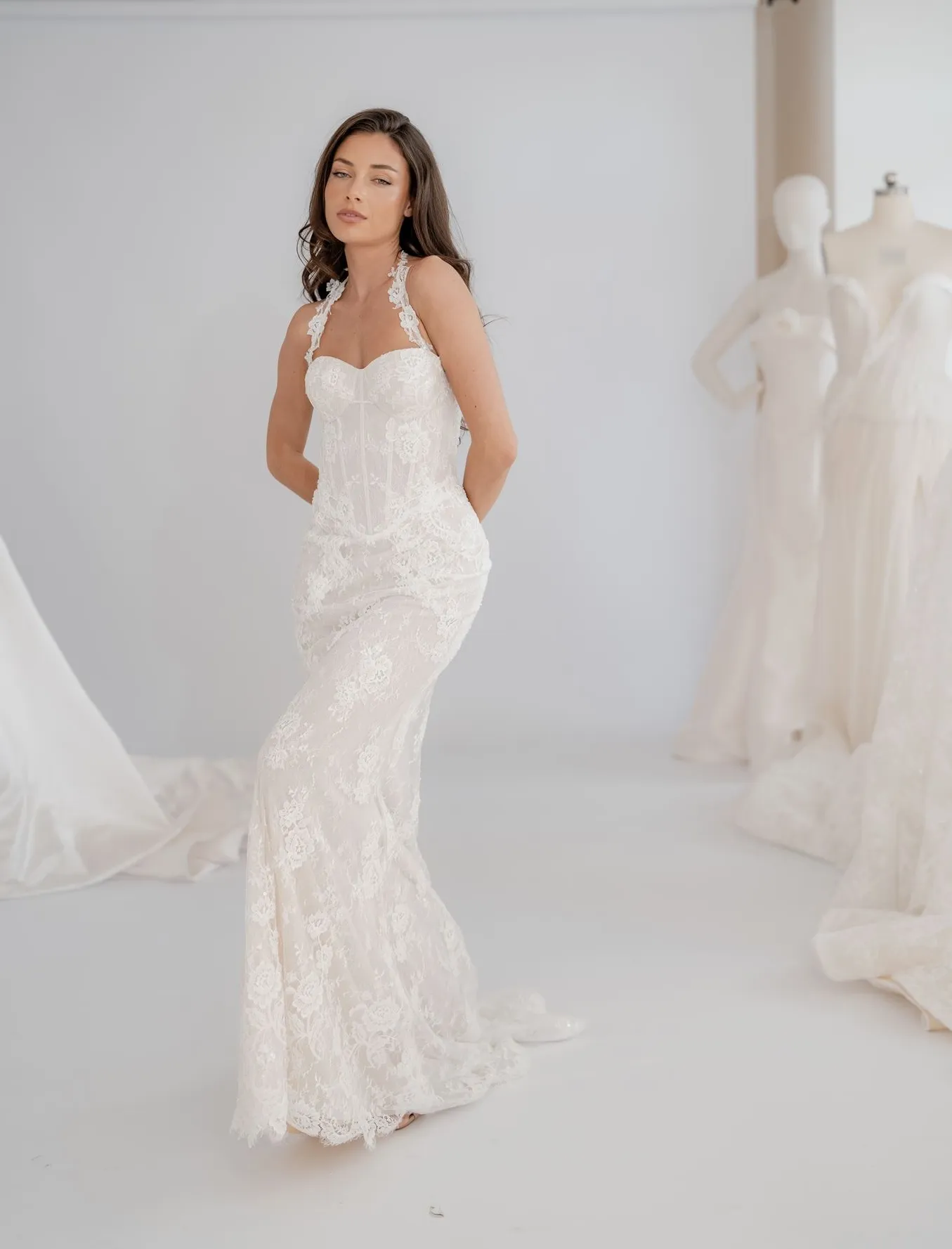 Eloise fitted lace wedding dress with detachable cape, thumbnail 13