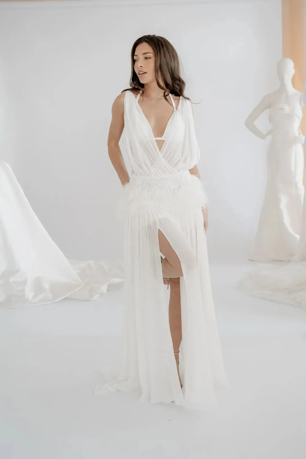 Leonie silk chiffon bridal look with feather detailing
