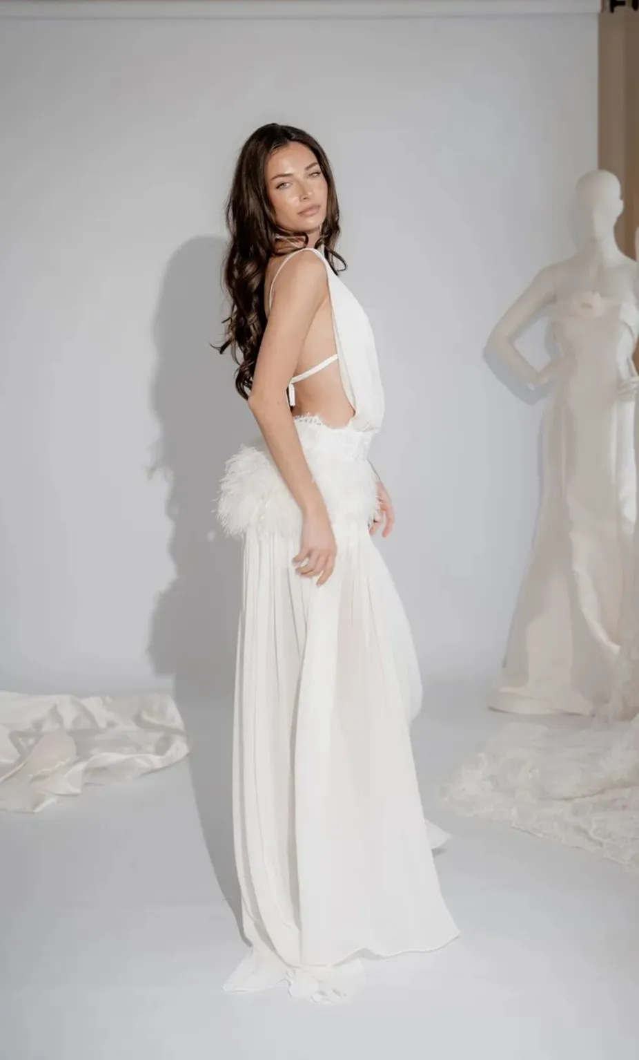 Leonie silk chiffon bridal look with feather detailing, thumbnail 3