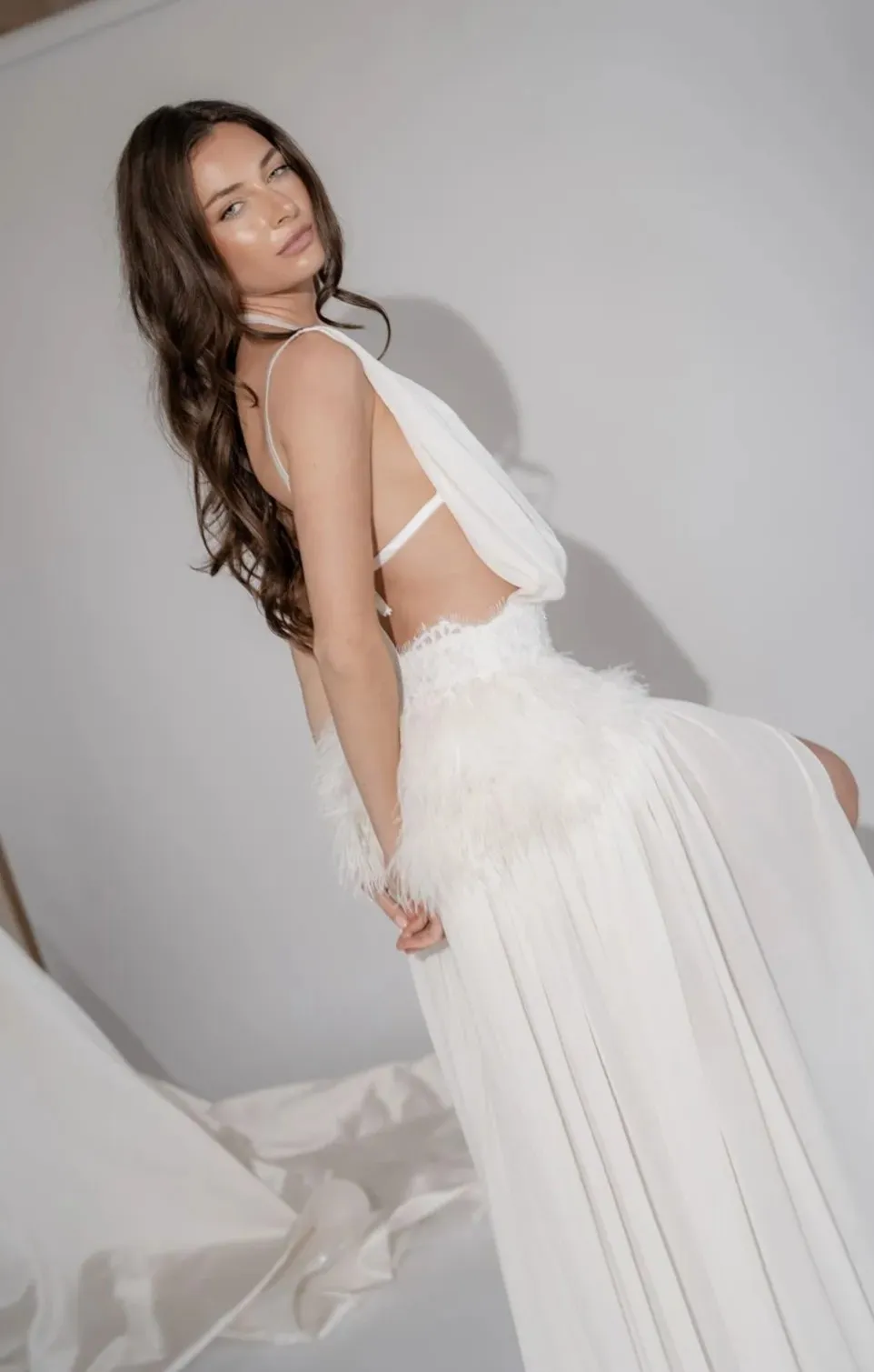 Leonie silk chiffon bridal look with feather detailing, thumbnail 4