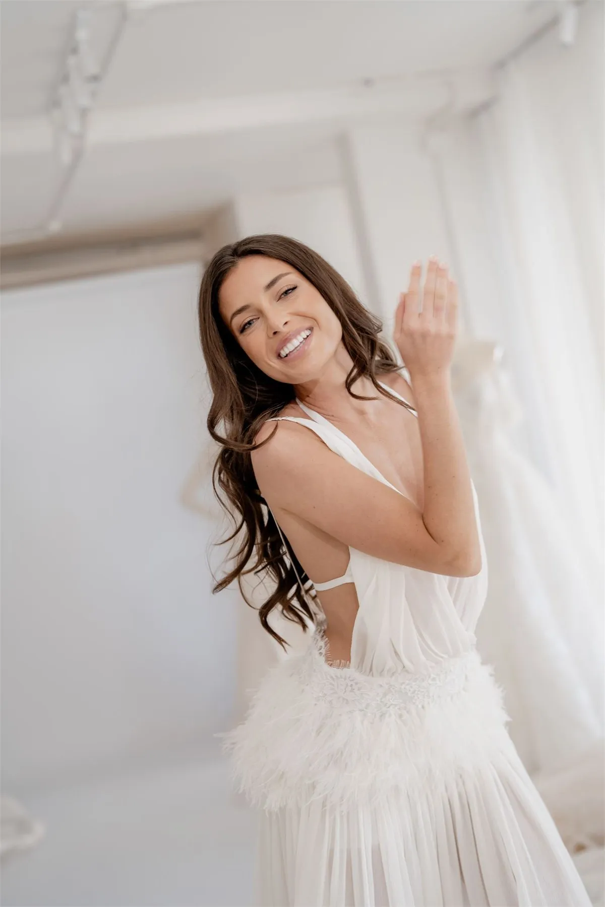Leonie silk chiffon bridal look with feather detailing, thumbnail 5