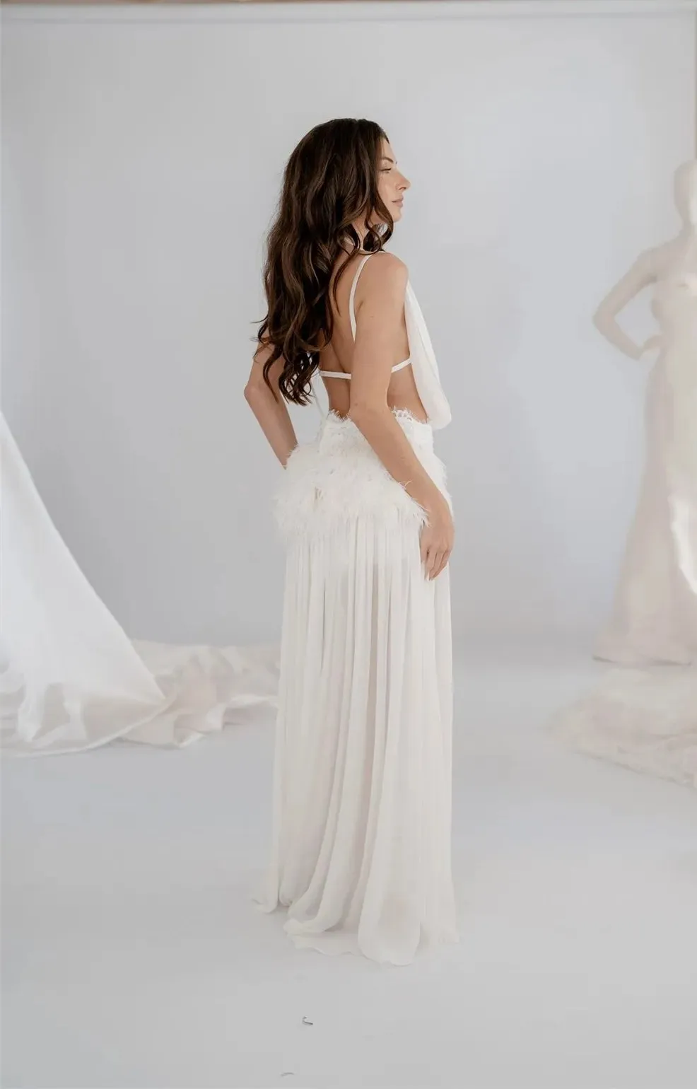 Leonie silk chiffon bridal look with feather detailing, thumbnail 6