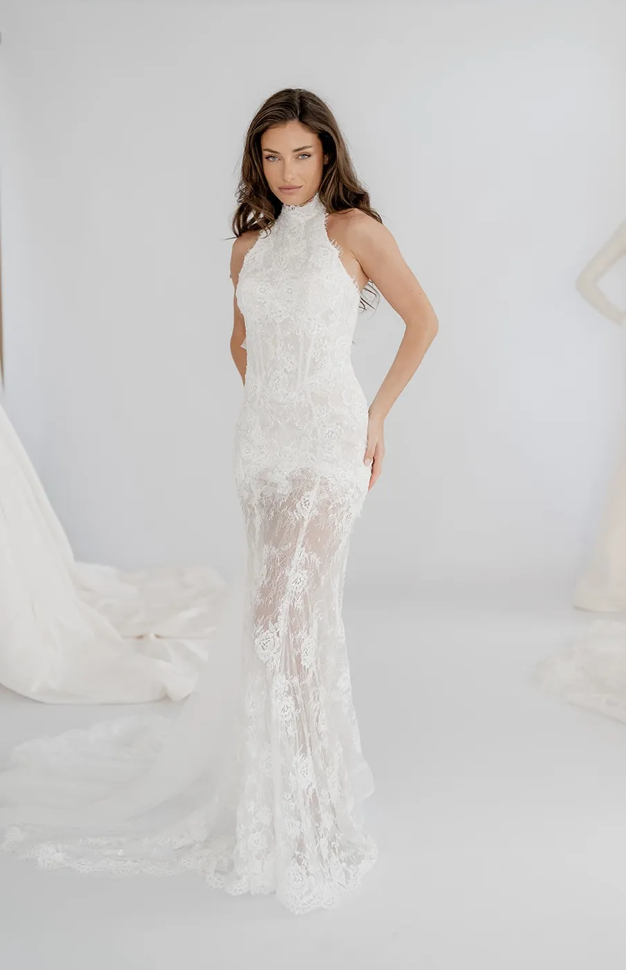 Margaux fitted lace halter gown with a detachable tulle bow