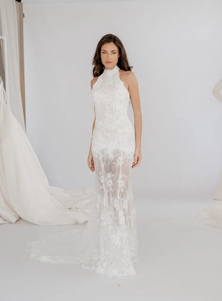 Margaux fitted lace halter wedding dress, thumbnail 4