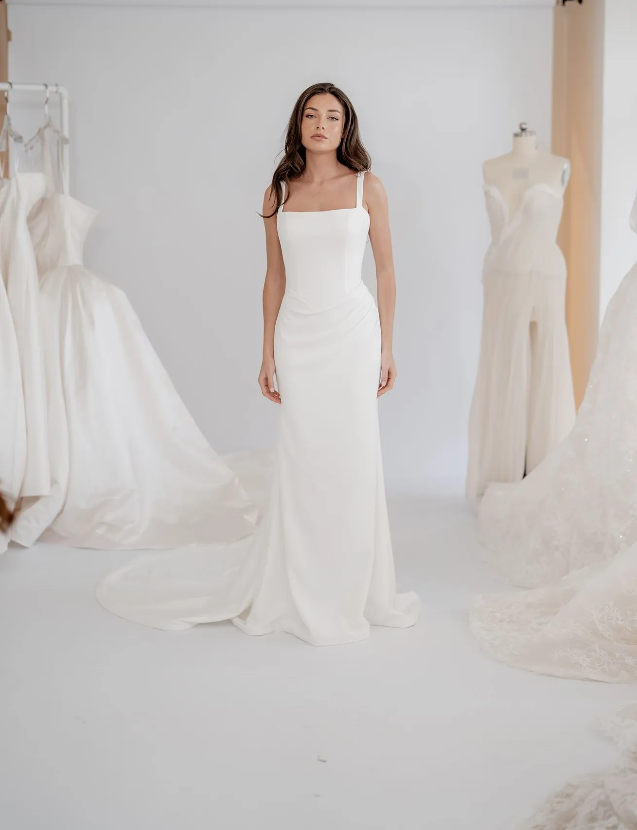 Nola crepe square-neck gown with asymmetric pleated draping