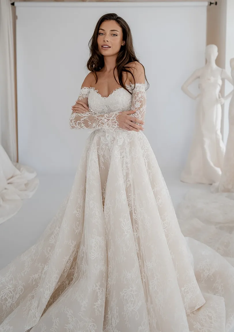 Odette champagne lace A-line gown with detachable lace sleeves
