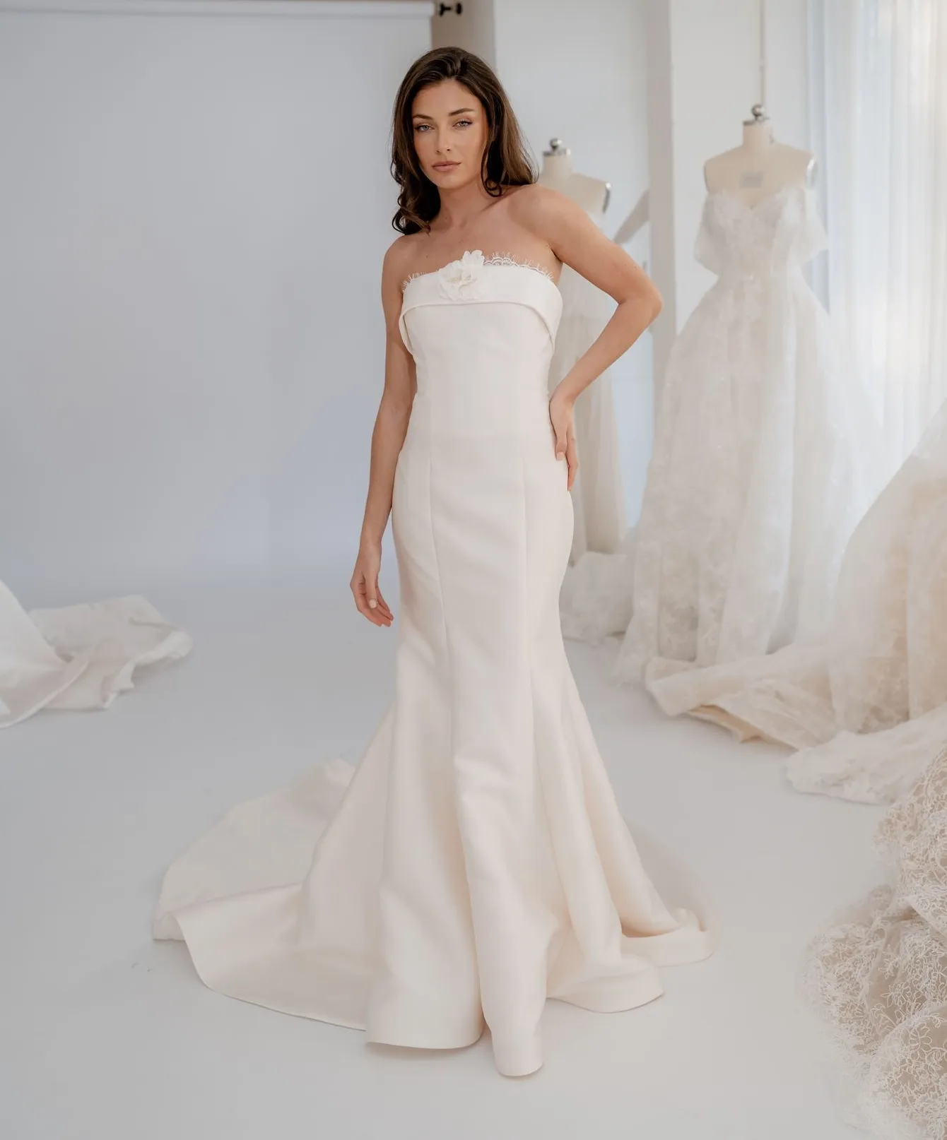 Solene strapless Mikado gown with detachable lace neckline detail